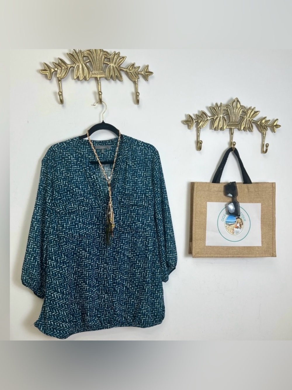 🩱Herringbone pattern teal blouse Xl